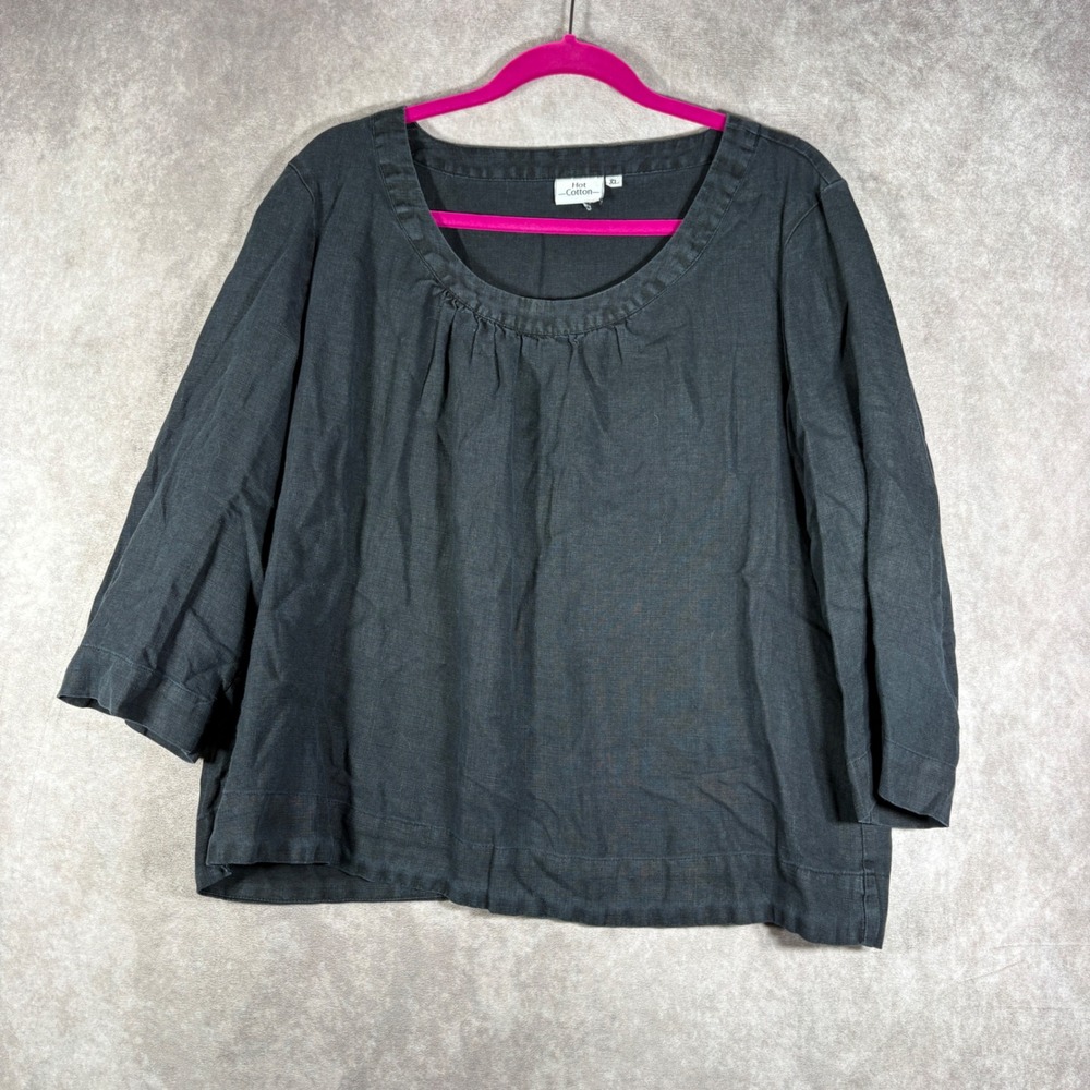 Hot Cotton Top Womens XL Black Linen Blend Scoop Neck Boxy Lagenlook Blouse Boho